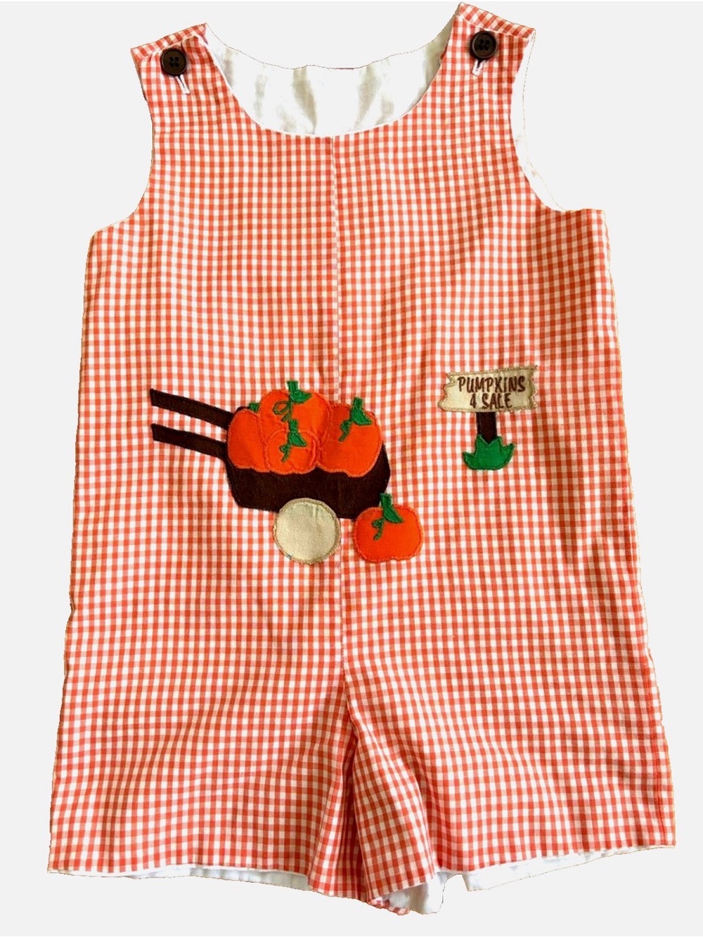Handmade Boys Pumpkin Shortall Romper Fall Gingham Jon Jon Pumpkins 4 Sale Sz 3T